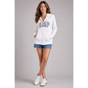 GAP White Navy Full Zip Hoodie Medium Classic Logo Sweatshirt Drawstring Casual